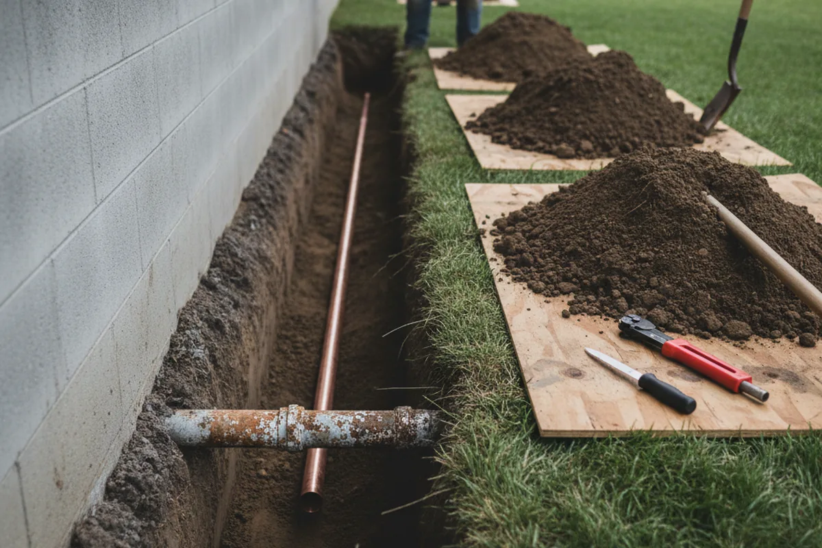 Excavated water line trench during Water Softener Installation in Yalaha